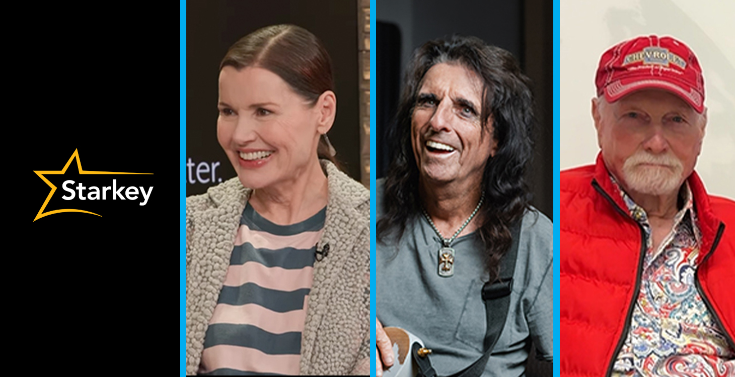 Image of Starkey logo and images of Geena Davis and Alice Cooper and Mike Love